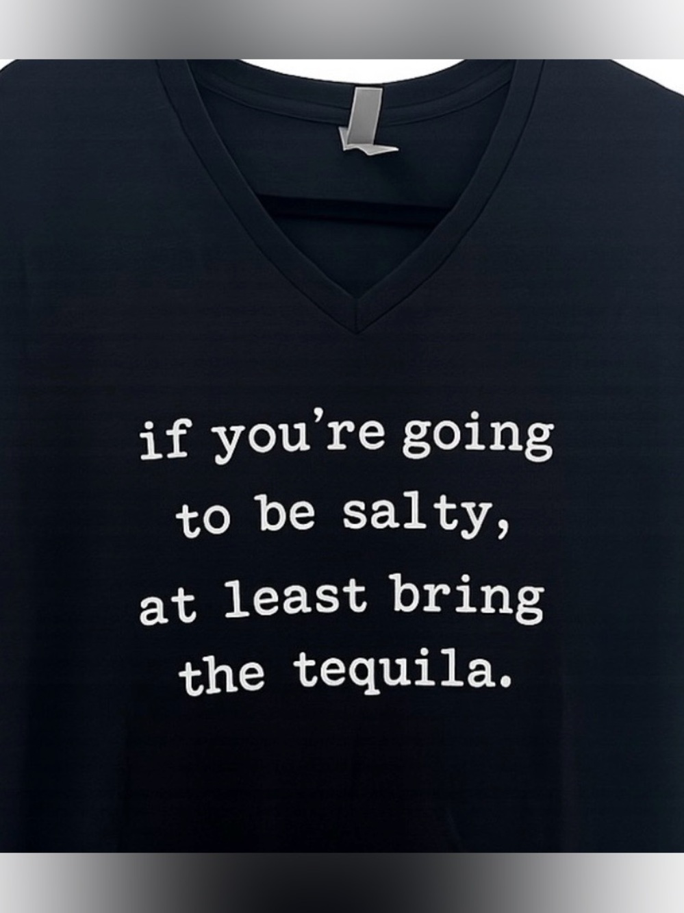Men's Black V-Neck Tee with White Text - Salty Tequila Quote